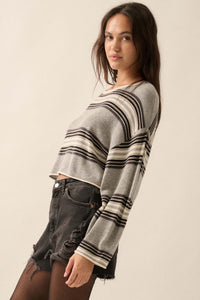 Level Best Striped Rolled-Edge Cropped Sweater - ShopPromesa