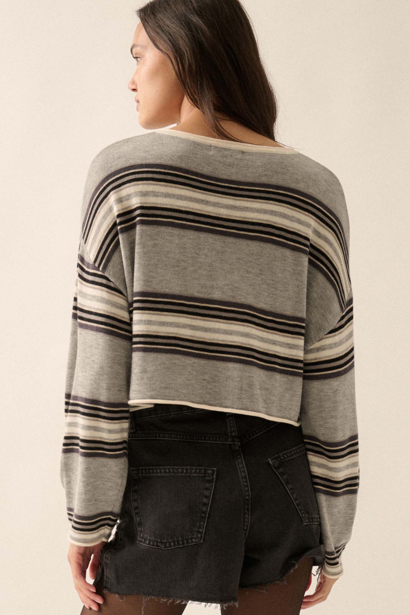 Level Best Striped Rolled-Edge Cropped Sweater - ShopPromesa