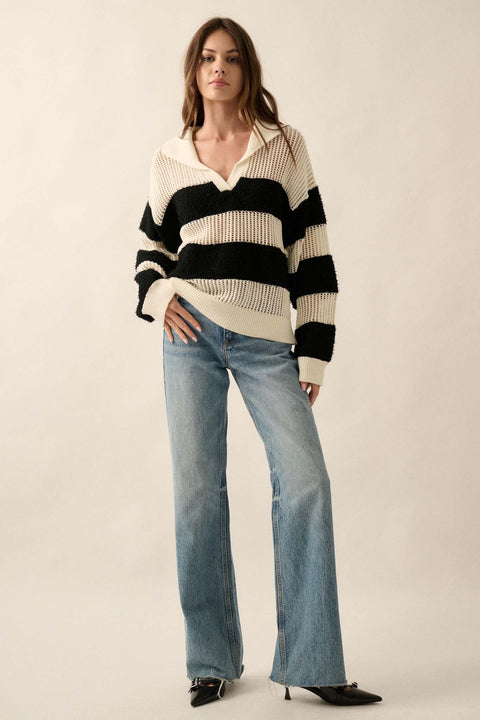 Raise the Bar Fuzzy Knit and Net Striped Sweater - ShopPromesa