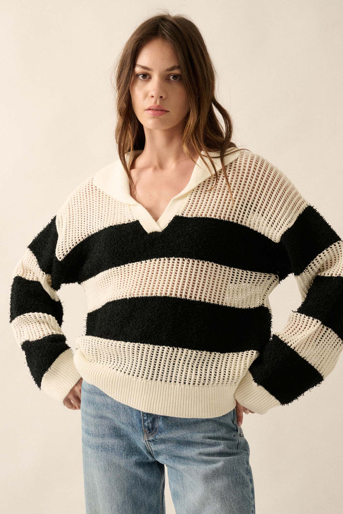 Raise the Bar Fuzzy Knit and Net Striped Sweater - ShopPromesa