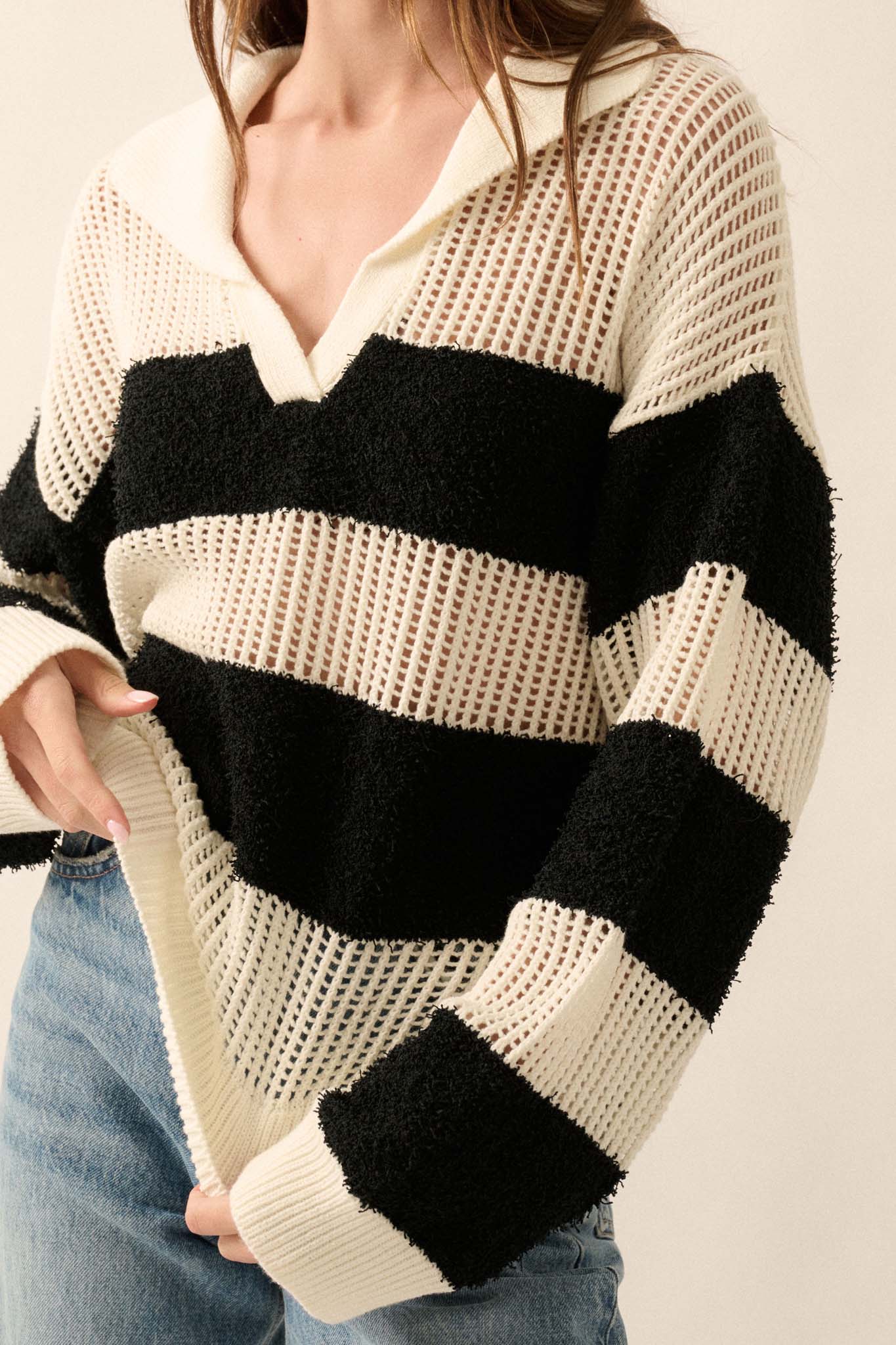 Raise the Bar Fuzzy Knit and Net Striped Sweater - ShopPromesa