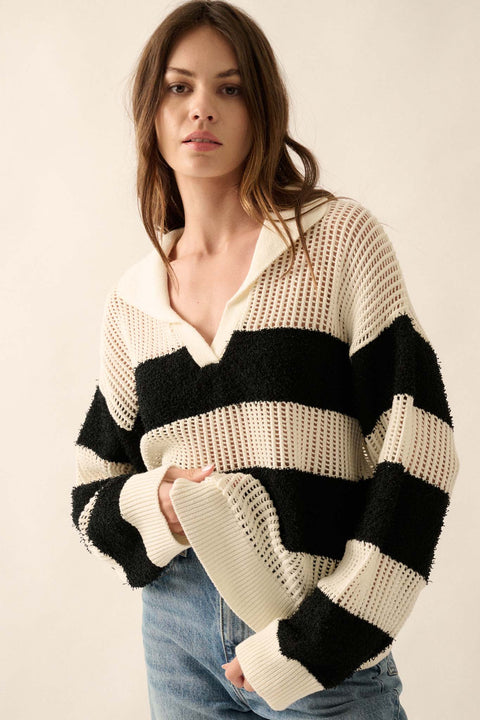 Raise the Bar Fuzzy Knit and Net Striped Sweater - ShopPromesa