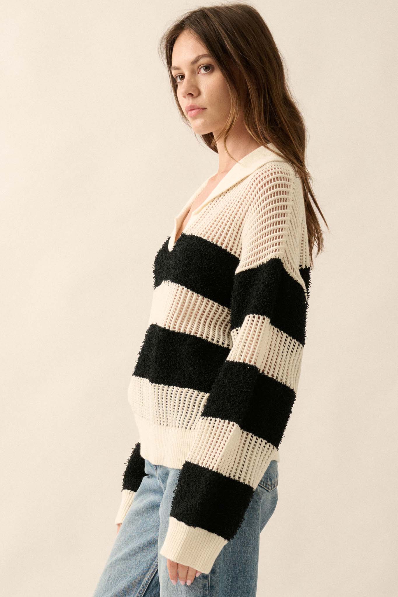 Raise the Bar Fuzzy Knit and Net Striped Sweater - ShopPromesa