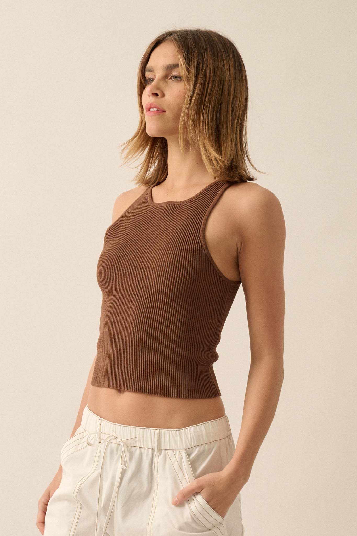 Shaper Fit Crewneck Rib-Knit Racerback Tank Top - ShopPromesa