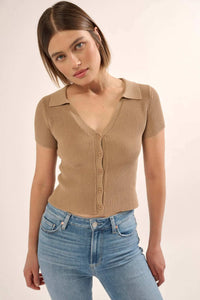 Shaper Fit Collared Rib-Knit Button-Front Top - ShopPromesa