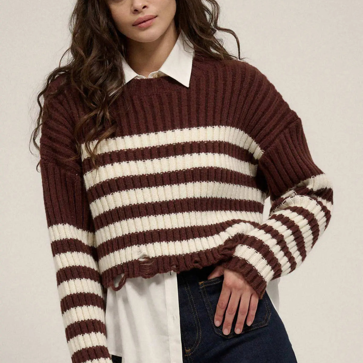 Ravel Rouser Striped Rib-Knit Distressed Sweater