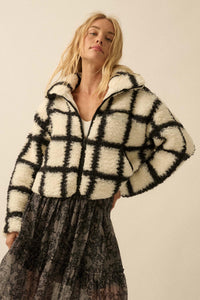 Outside the Box Check-Print Sherpa Fleece Jacket - ShopPromesa