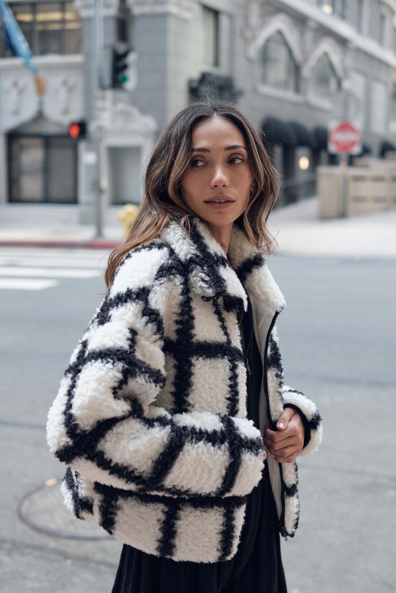 Outside the Box Check-Print Sherpa Fleece Jacket | ShopPromesa