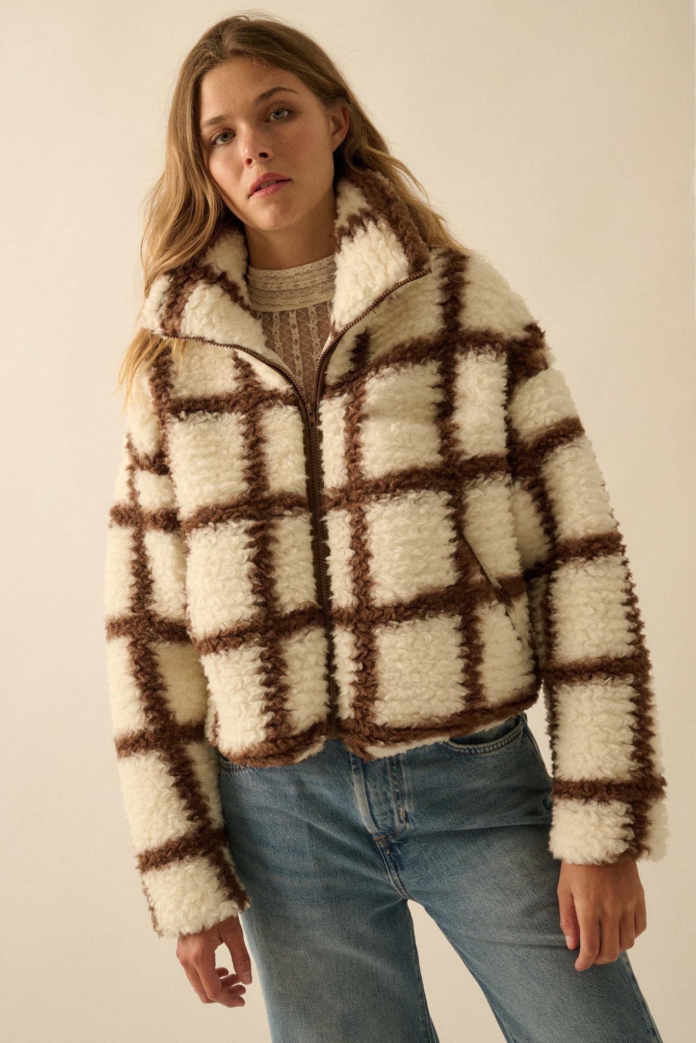 Outside the Box Check-Print Sherpa Fleece Jacket - ShopPromesa