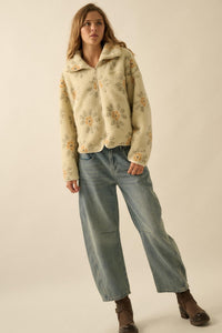 Fluffy Flowers Floral Sherpa Fleece Zip-Up Jacket - ShopPromesa
