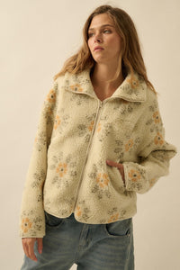 Fluffy Flowers Floral Sherpa Fleece Zip-Up Jacket - ShopPromesa