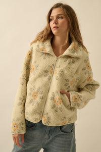 Fluffy Flowers Floral Sherpa Fleece Zip-Up Jacket - ShopPromesa