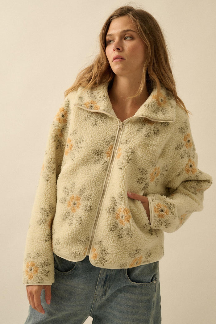 Fluffy Flowers Floral Sherpa Fleece Zip-Up Jacket - ShopPromesa