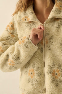 Fluffy Flowers Floral Sherpa Fleece Zip-Up Jacket - ShopPromesa