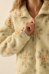 Fluffy Flowers Floral Sherpa Fleece Zip-Up Jacket - ShopPromesa