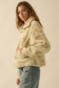 Fluffy Flowers Floral Sherpa Fleece Zip-Up Jacket - ShopPromesa