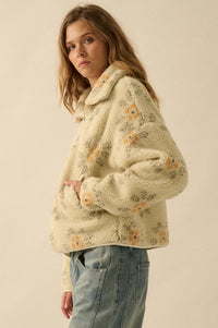 Fluffy Flowers Floral Sherpa Fleece Zip-Up Jacket - ShopPromesa
