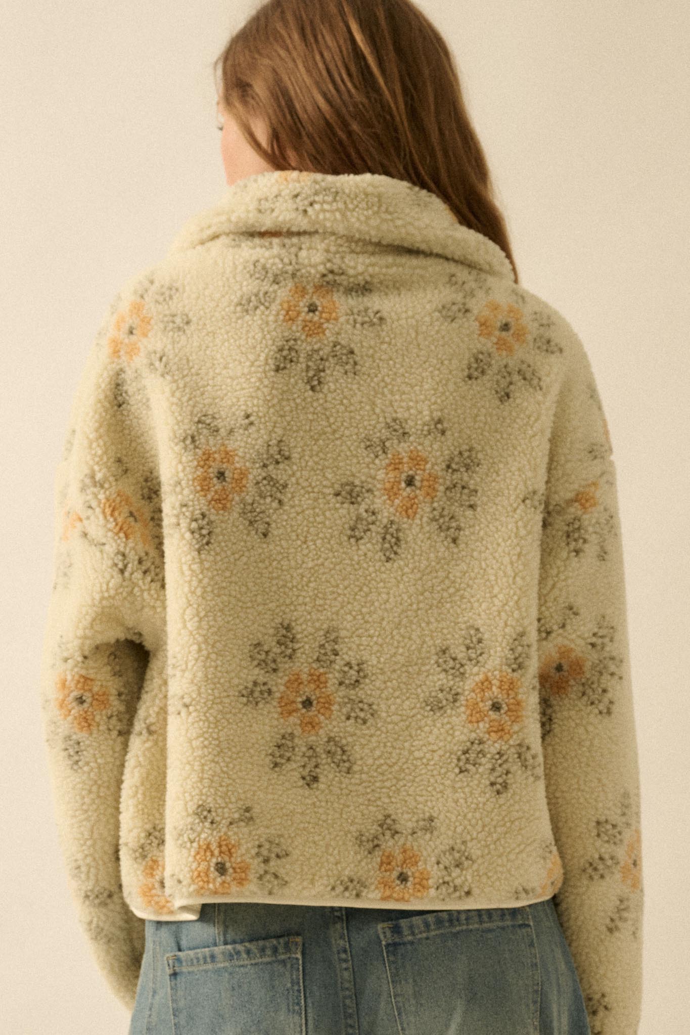 Fluffy Flowers Floral Sherpa Fleece Zip-Up Jacket - ShopPromesa