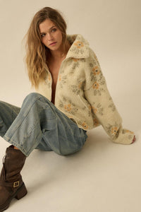 Fluffy Flowers Floral Sherpa Fleece Zip-Up Jacket - ShopPromesa