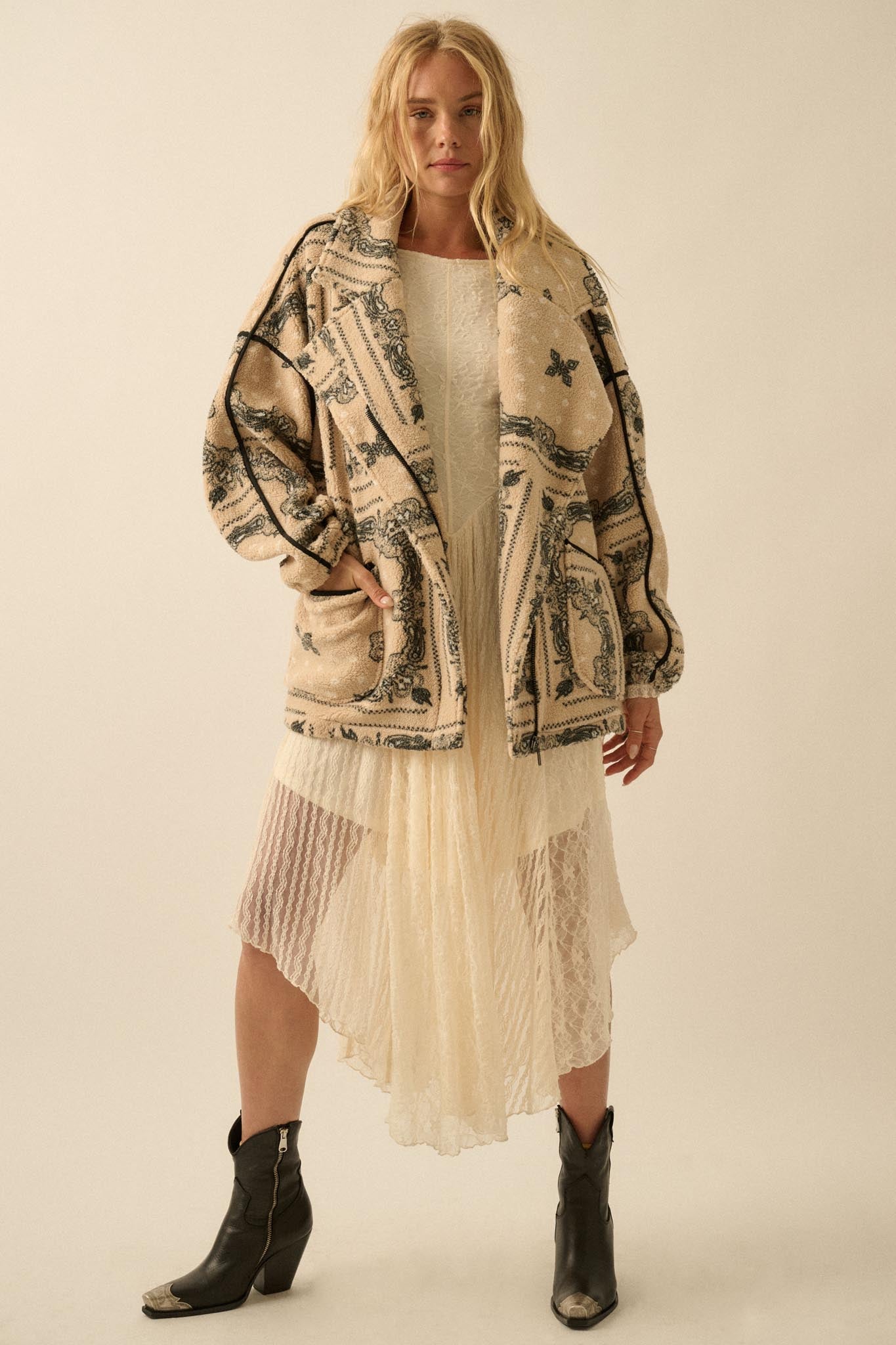 Saddle Song Bandana-Print Fleece Lapel Jacket - ShopPromesa