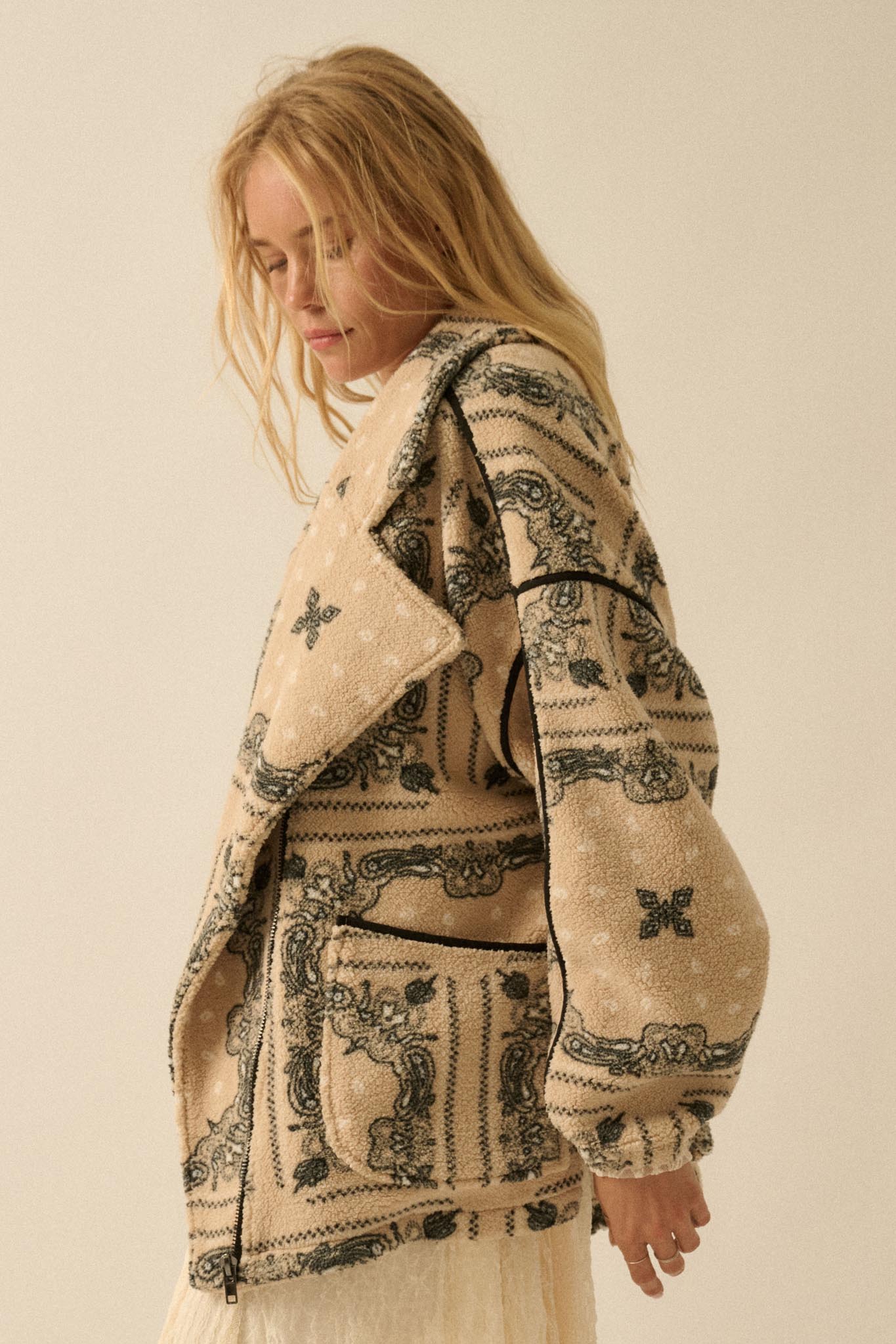 Saddle Song Bandana-Print Fleece Lapel Jacket - ShopPromesa