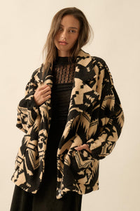 High Plains Geometric-Print Fleece Lapel Jacket - ShopPromesa