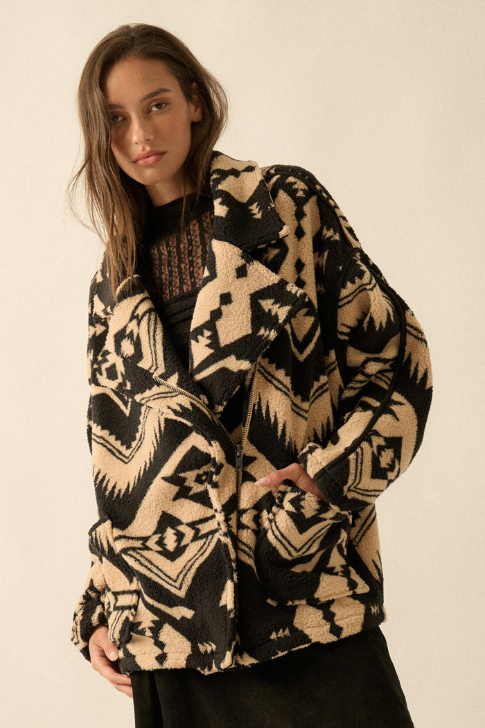 High Plains Geometric-Print Fleece Lapel Jacket - ShopPromesa