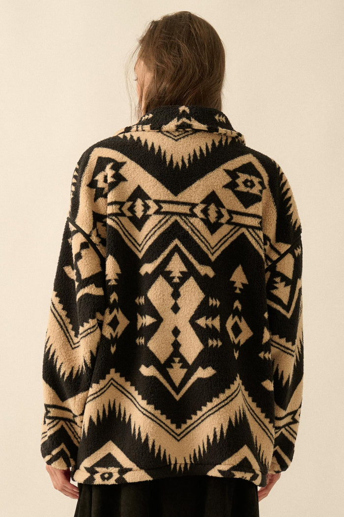 High Plains Geometric-Print Fleece Lapel Jacket - ShopPromesa