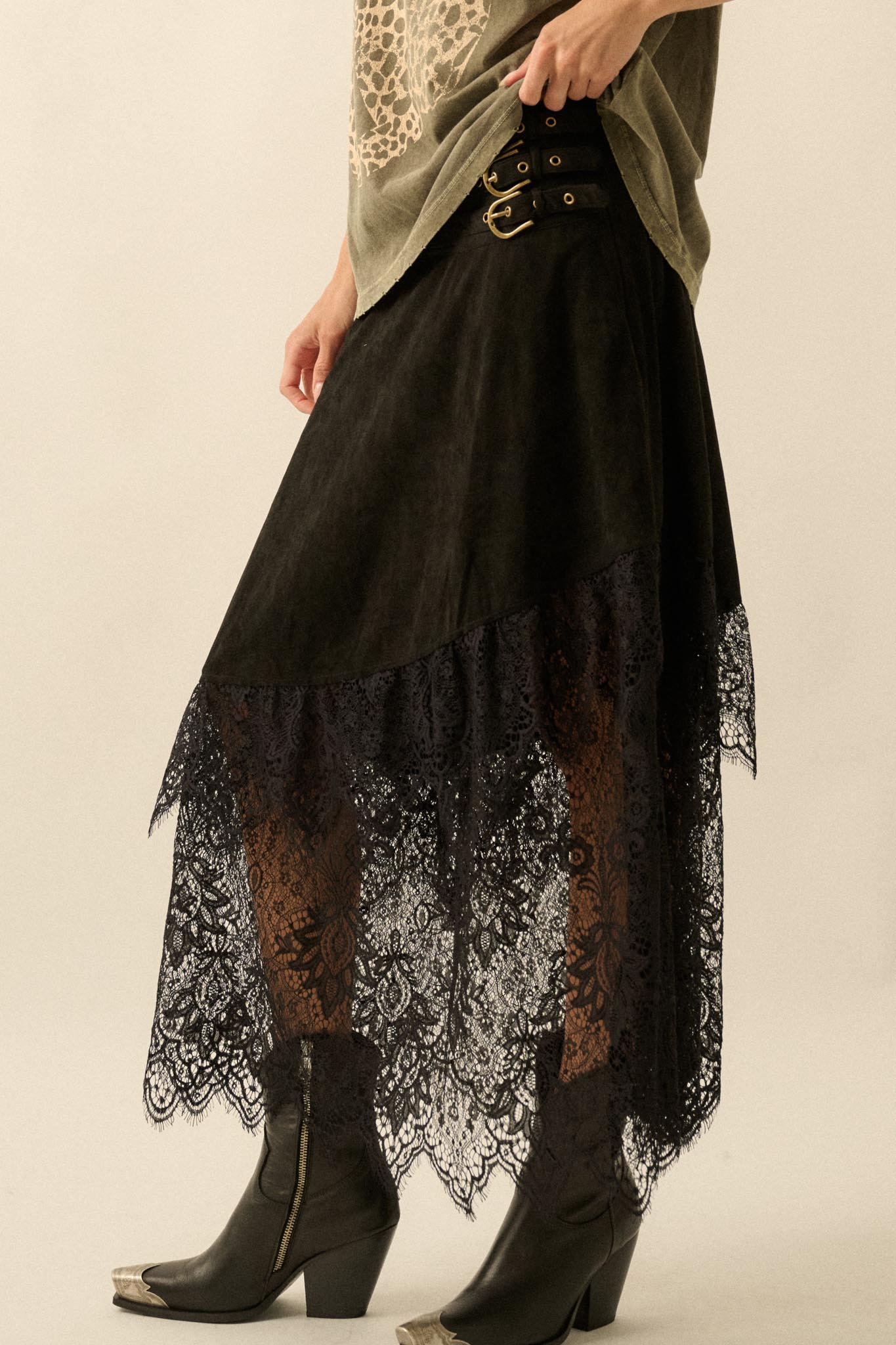Tender Touch Vegan Suede and Lace Maxi Skirt - ShopPromesa