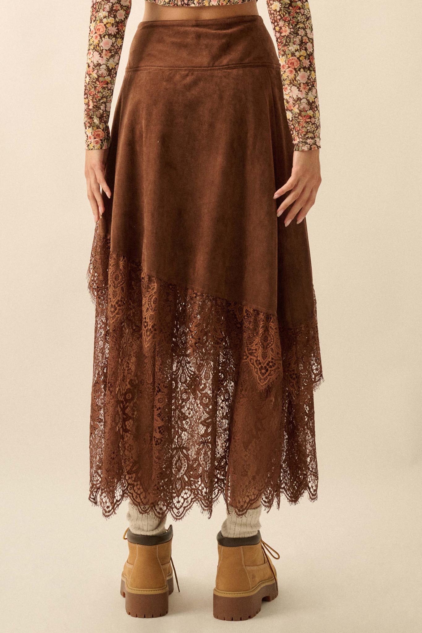 Tender Touch Vegan Suede and Lace Maxi Skirt - ShopPromesa