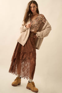 Tender Touch Vegan Suede and Lace Maxi Skirt - ShopPromesa