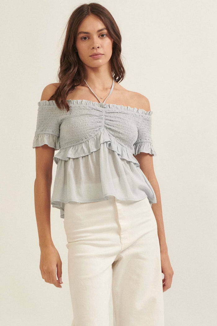 True Devotion Smocked Off-Shoulder Babydoll Top - ShopPromesa