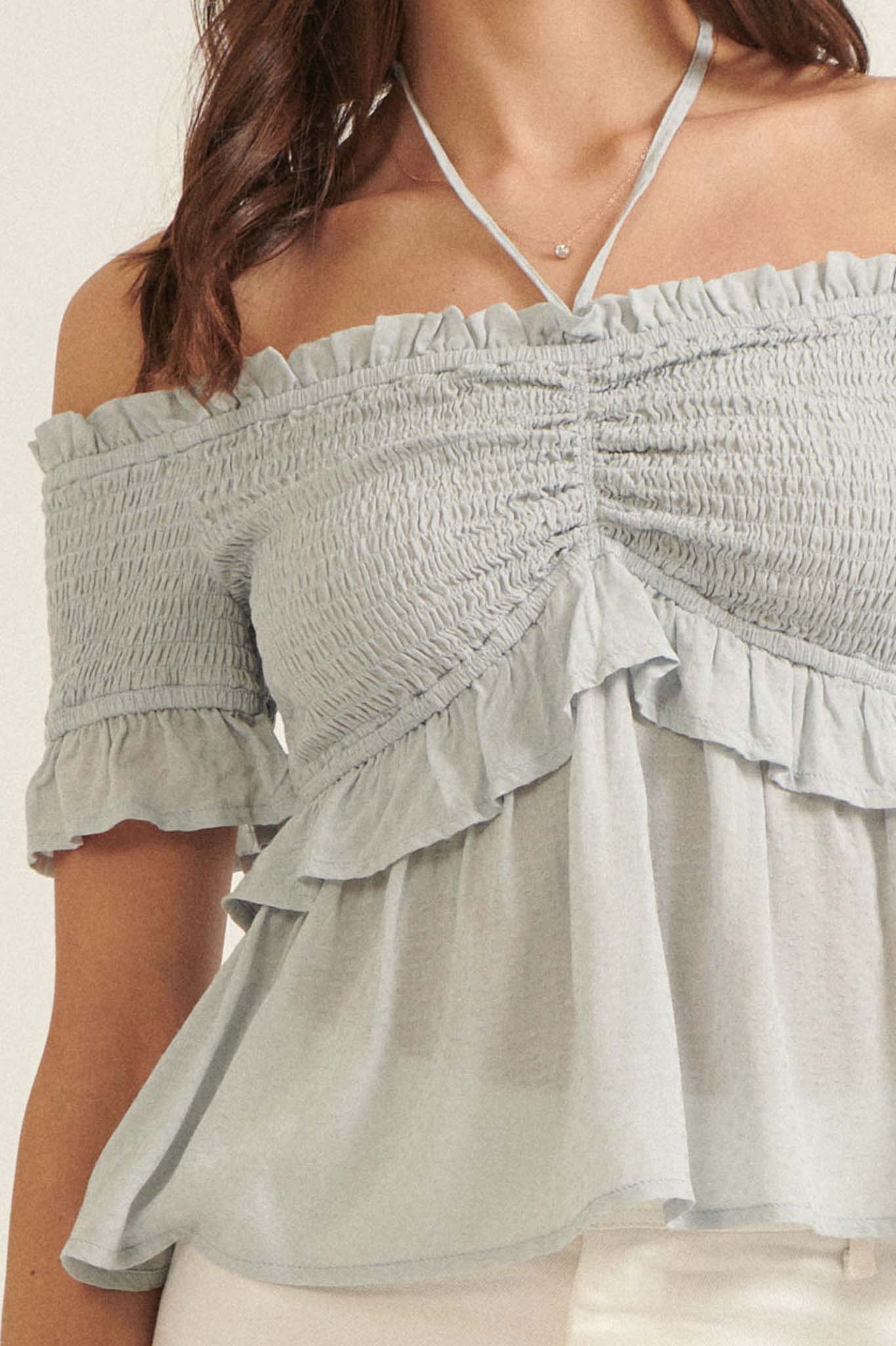 True Devotion Smocked Off-Shoulder Babydoll Top - ShopPromesa