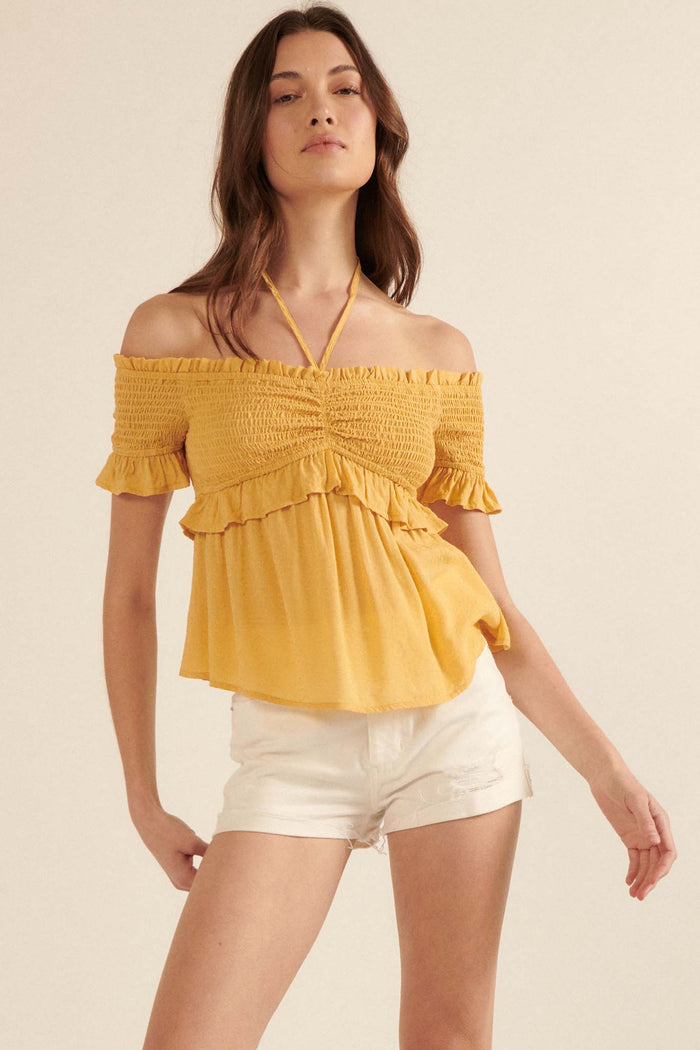 True Devotion Smocked Off-Shoulder Babydoll Top - ShopPromesa