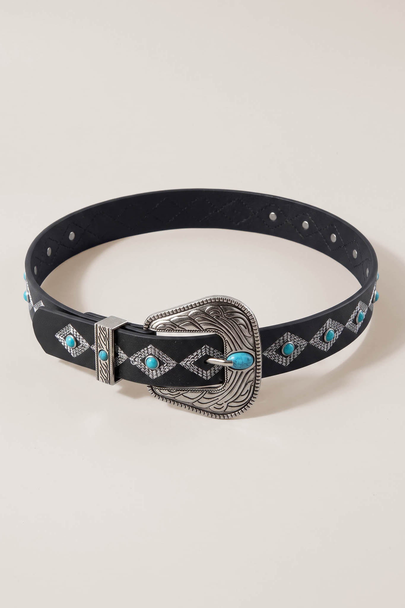 Calaveras Black Embroidered Turquoise-Studded Belt - ShopPromesa