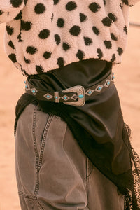 Calaveras Black Embroidered Turquoise-Studded Belt - ShopPromesa