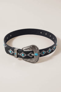 Calaveras Black Embroidered Turquoise-Studded Belt - ShopPromesa