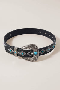 Calaveras Black Embroidered Turquoise-Studded Belt - ShopPromesa