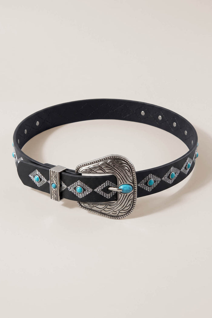 Calaveras Black Embroidered Turquoise-Studded Belt - ShopPromesa
