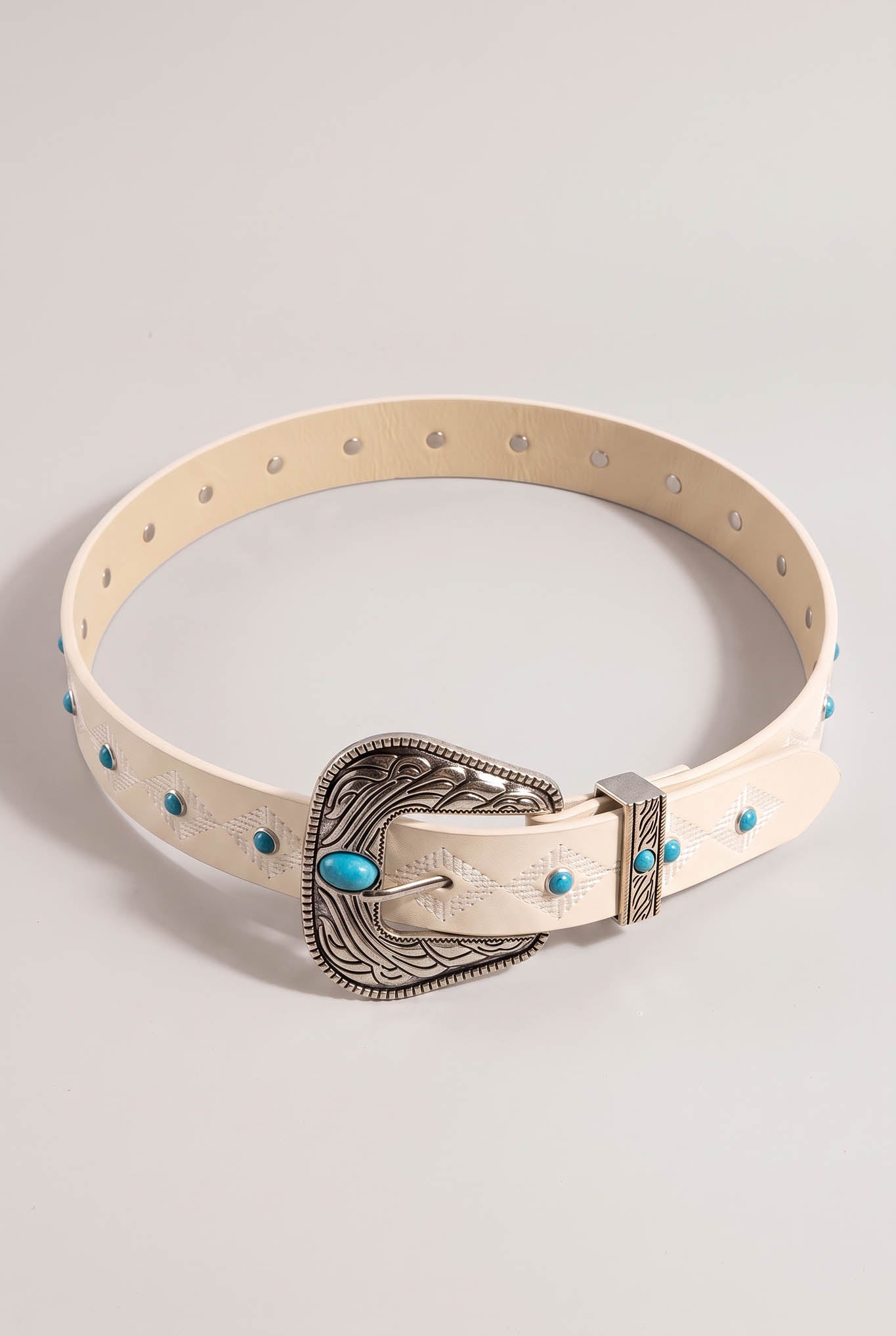 Vallecito White Embroidered Turquoise-Studded Belt - ShopPromesa