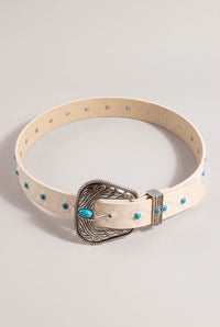 Vallecito White Embroidered Turquoise-Studded Belt - ShopPromesa