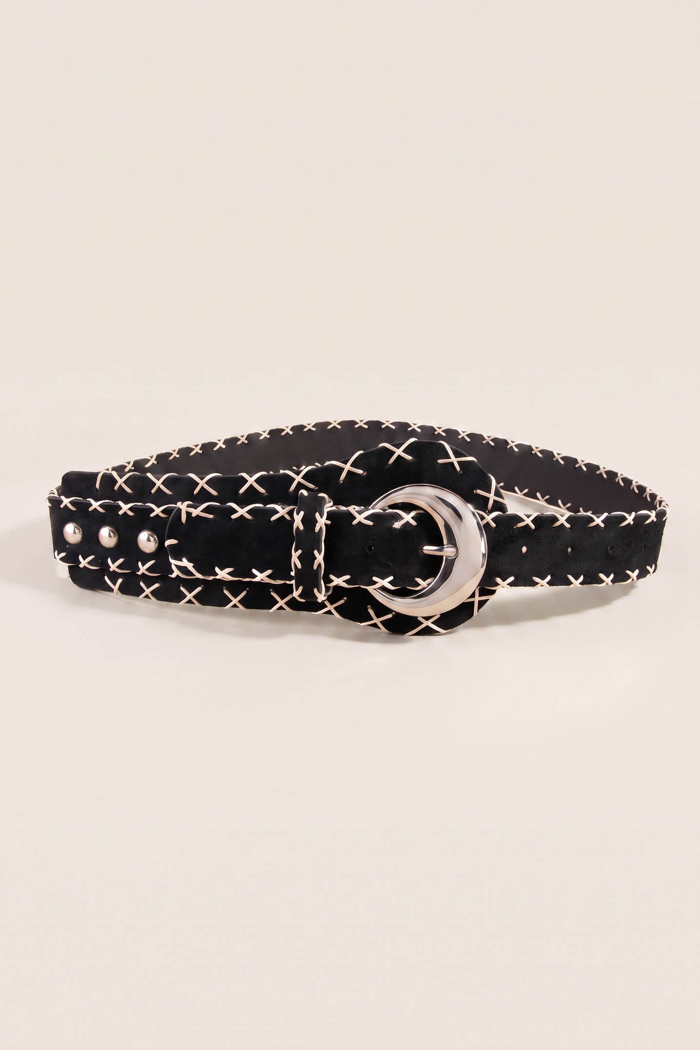 Rincon Black Vegan Suede Stitched Round-Buckle Belt - ShopPromesa