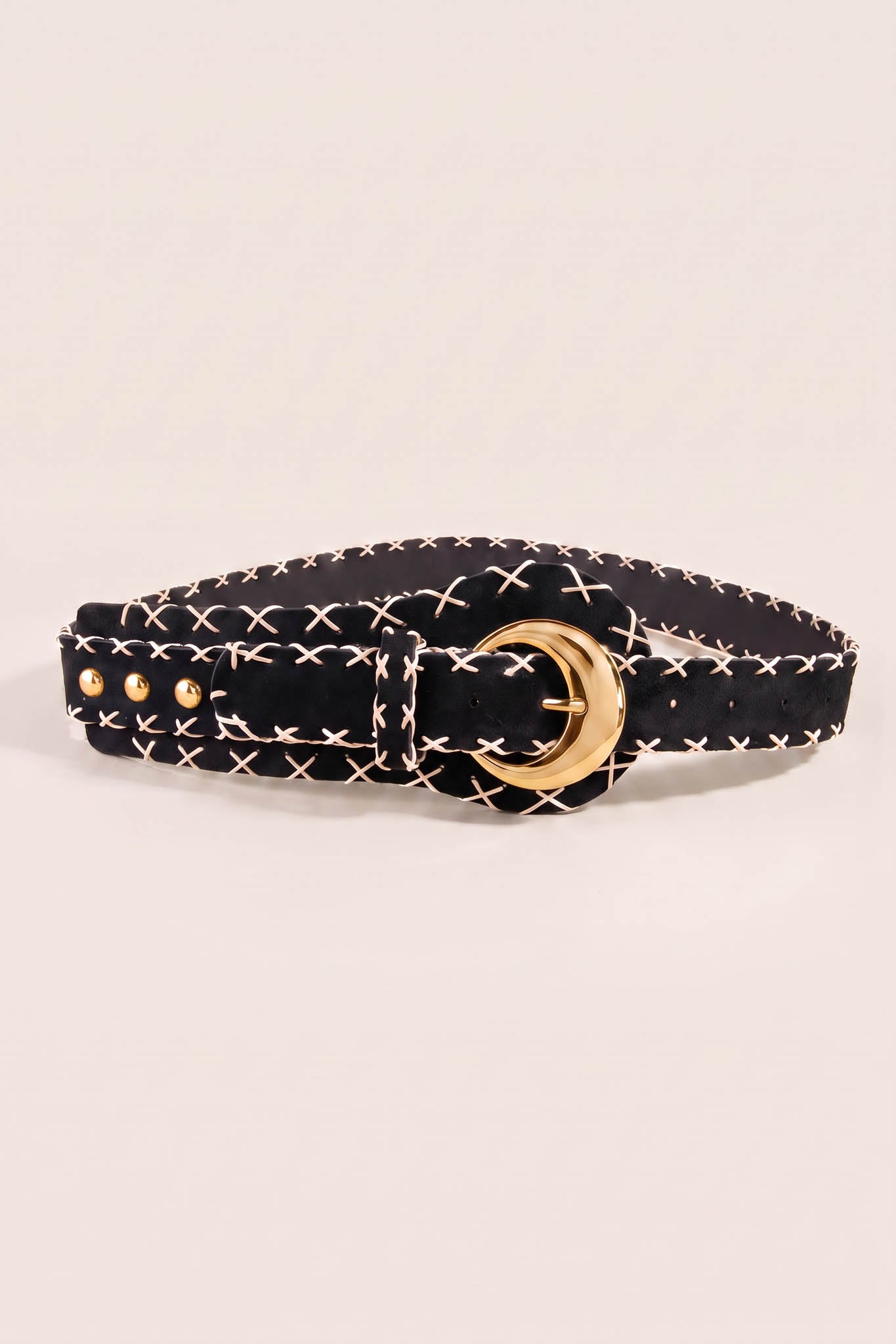 Rincon Black Vegan Suede Stitched Round-Buckle Belt - ShopPromesa