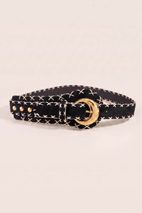 Rincon Black Vegan Suede Stitched Round-Buckle Belt - ShopPromesa