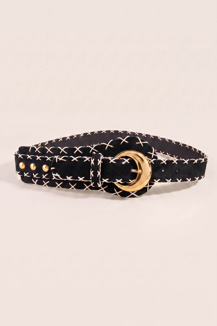 Rincon Black Vegan Suede Stitched Round-Buckle Belt - ShopPromesa