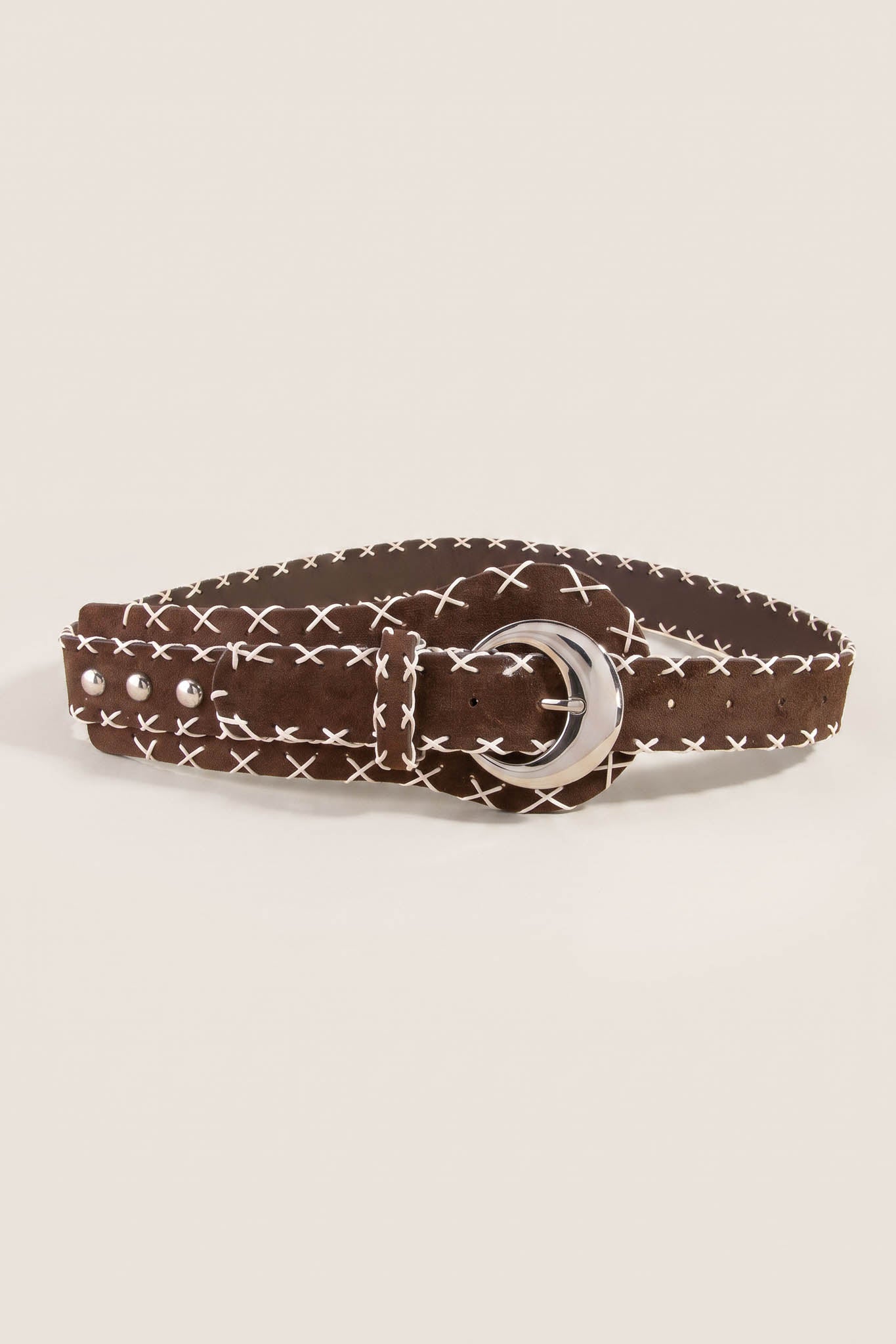 Acton Brown Vegan Suede Stitched Round-Buckle Belt - ShopPromesa