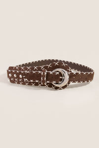 Acton Brown Vegan Suede Stitched Round-Buckle Belt - ShopPromesa