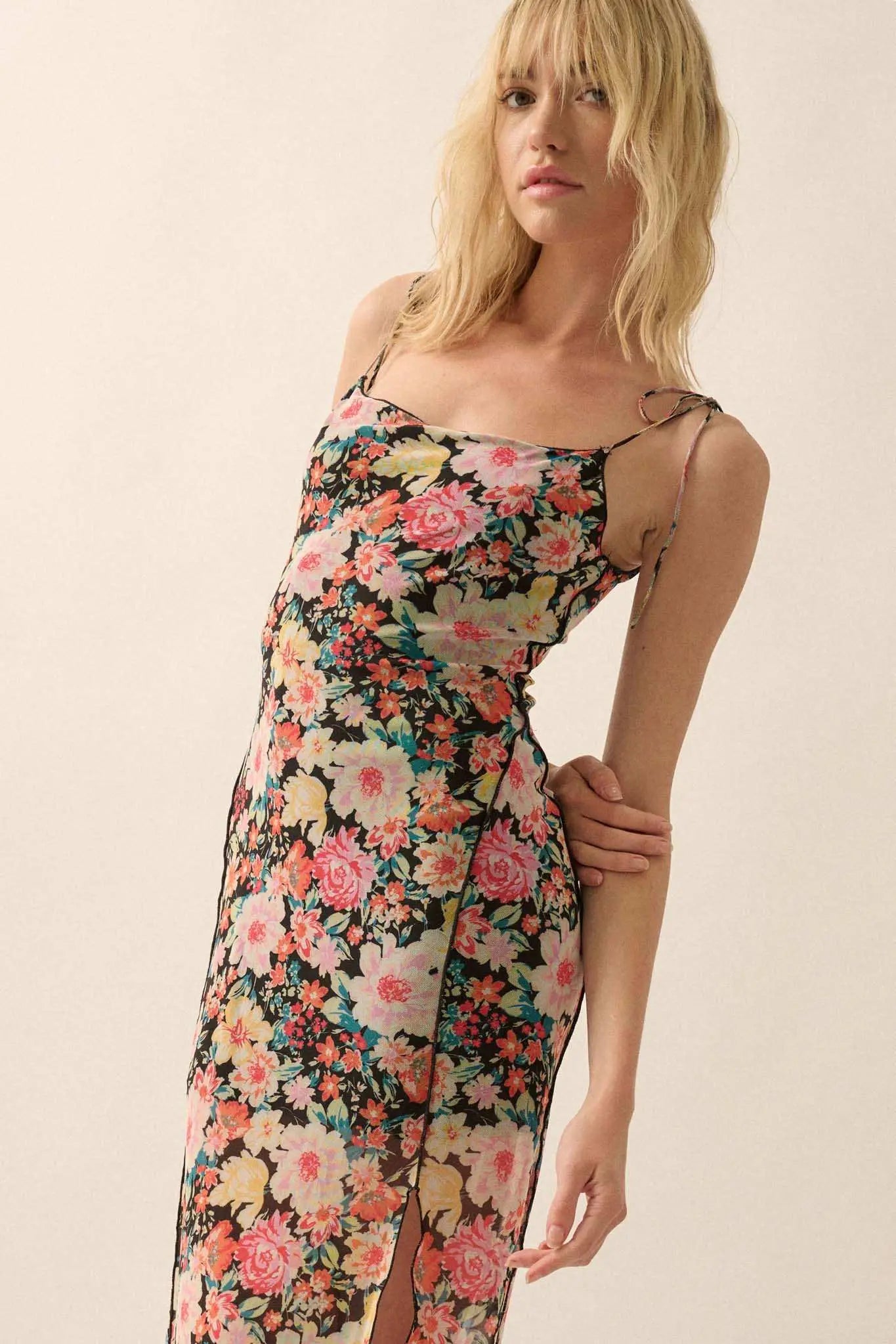 Garden Grown Floral-Print Mesh Midi Slip Dress Black / M Garden Grown Floral-Print Mesh Midi Slip Dress Black / M