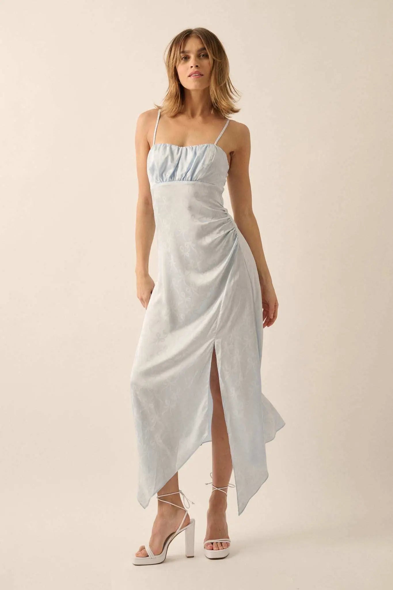 Take a Bow Satin Jacquard Asymmetrical Midi Dress, Lt Blue / M Take a Bow Satin Jacquard Asymmetrical Midi Dress, Lt Blue / M