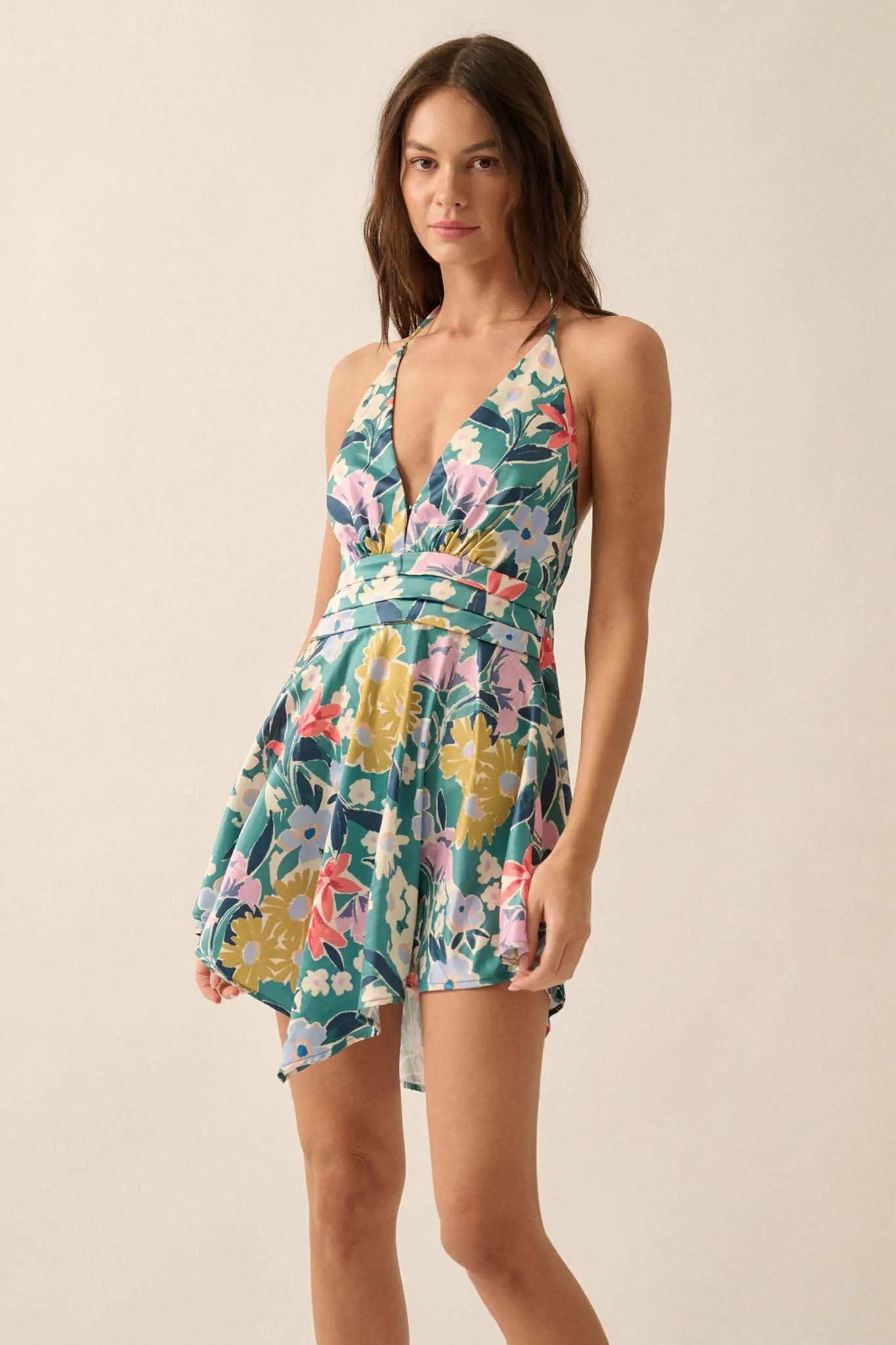 Teal Tease Floral Satin Handkerchief Mini Dress Pine Green / S Teal Tease Floral Satin Handkerchief Mini Dress Pine Green / S